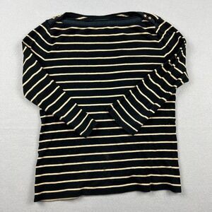 Lauren Ralph Lauren Women S Black Tan Striped Boat Neck Gold Shoulder Button Top